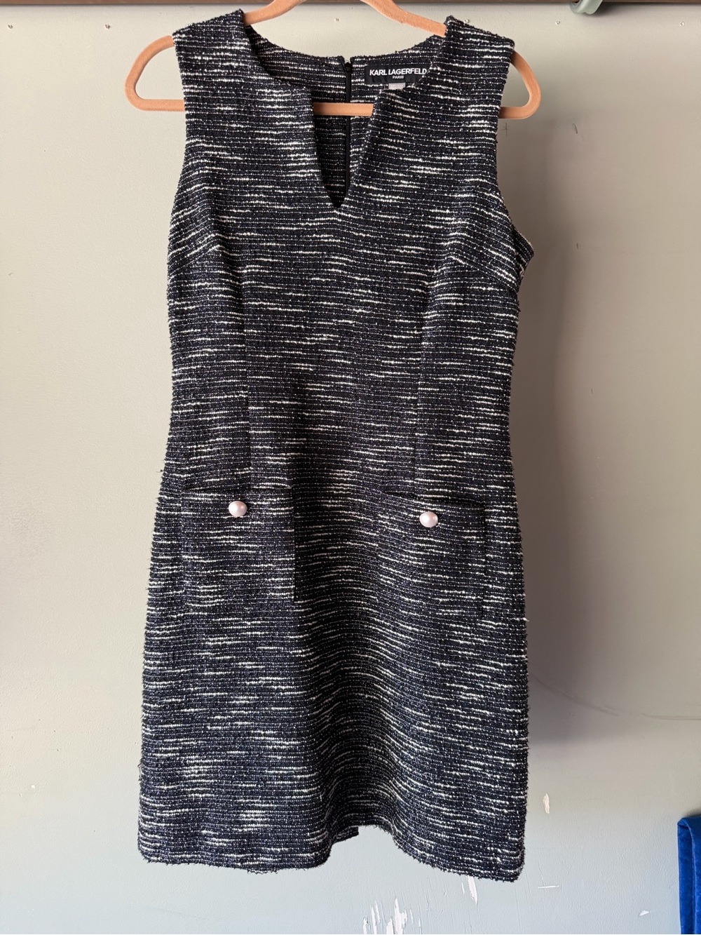 Karl Lagerfeld Black and White Tweed Sheath Dress with Pearl Buttons